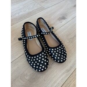 Steve Madden Studded Rhinestone Mary Jane Ballet Flats Black Leather Women's 6M